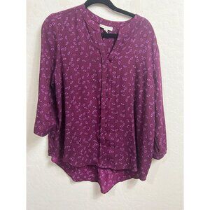 Dana Buchman V Neck Maroon Fun Geometric Print Blouse Sz XL Tunic Length